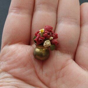 Tiny Bronze Vase of Flower Bouquet Roses Red and White Charm Miniature House